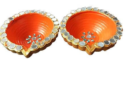 Swavan International Blue Kundan and Mirror Work Size 3 Inch Handmade Simple Plain Diwali Diya Terracotta Clay Decorative Oil Lamps with Orange and Gold Color Work for Navaratri Diwali