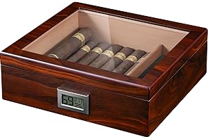 Flauno Cigar Humidor, Spanish Cedar Wood Humidor, Accurate Digital Hygrometer, Humidifier, Divider, Glass Top Cigar Box Holds 40-60 Cigars, Gift for Cigar Lovers