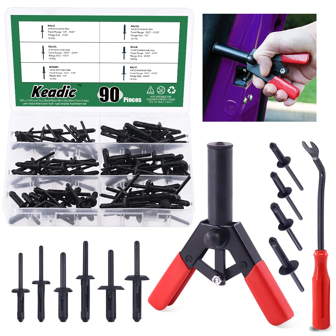 Keadic 132 Pcs Plastic Rivet Gun Set with Bonus Fastener Removal Tool, and 130Pcs 10 Sizes Nylon Blind Rivets,Hand Riveter Suitable for Automotive and More