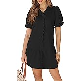 Wenrine Womens Casual Mini Dress Textured Puff Short Sleeve V Neck Ruffle Loose A Line Summer Dresses