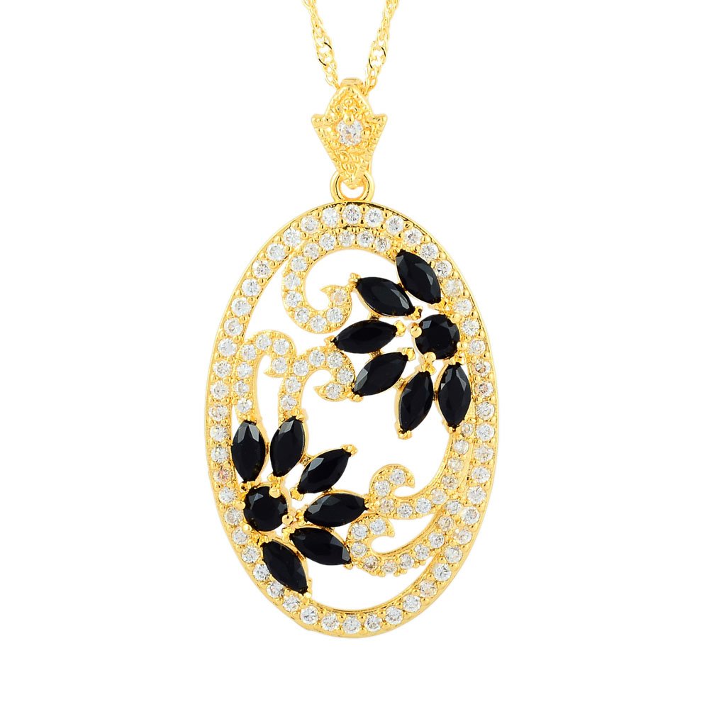 RIZILIA Blossom Pendant with 45cm(18") Chain & Marquise Cut Gemstones CZ [Black Onyx] in 18K Yellow Gold Plated, Simple Modern Elegance