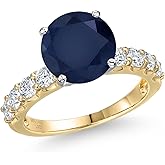 Gem Stone King 14K 2 Tone Gold Blue Sapphire and Lab Grown Diamond Engagement Ring For Women | 6.05 Cttw | Round 10MM | Gemstone September Birthstone