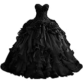 Mouccy Gothic Organza Quinceanera Dresses with Ruffles Black Lace Wedding Dresses for Bride Vintage Layered Puffy Ball Gown