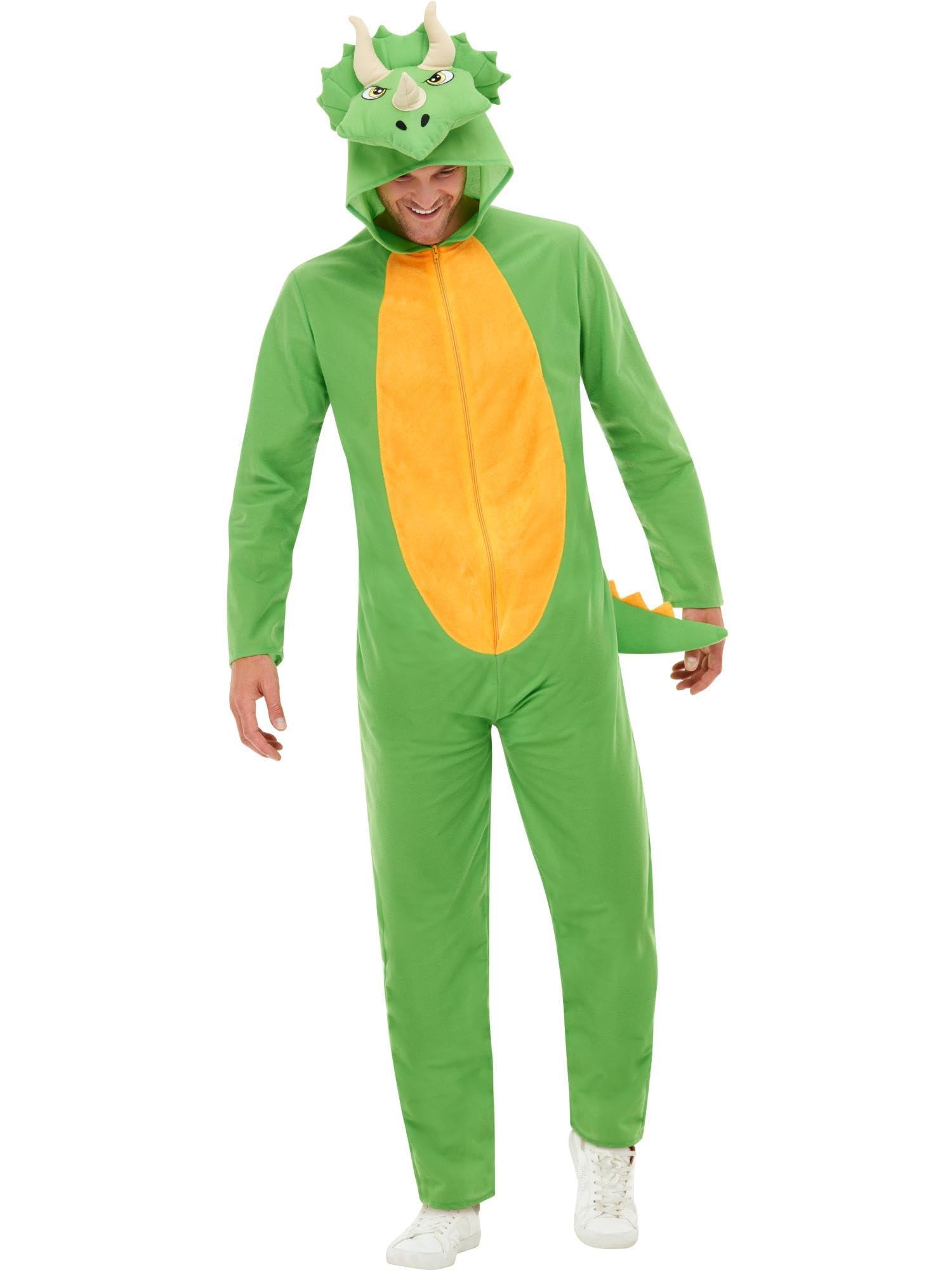 Smiffys Dinosaur Costume, Green with Hooded Jumpsuit, Party Animals Fancy Dress, Dinosaur Dress Up Costumes