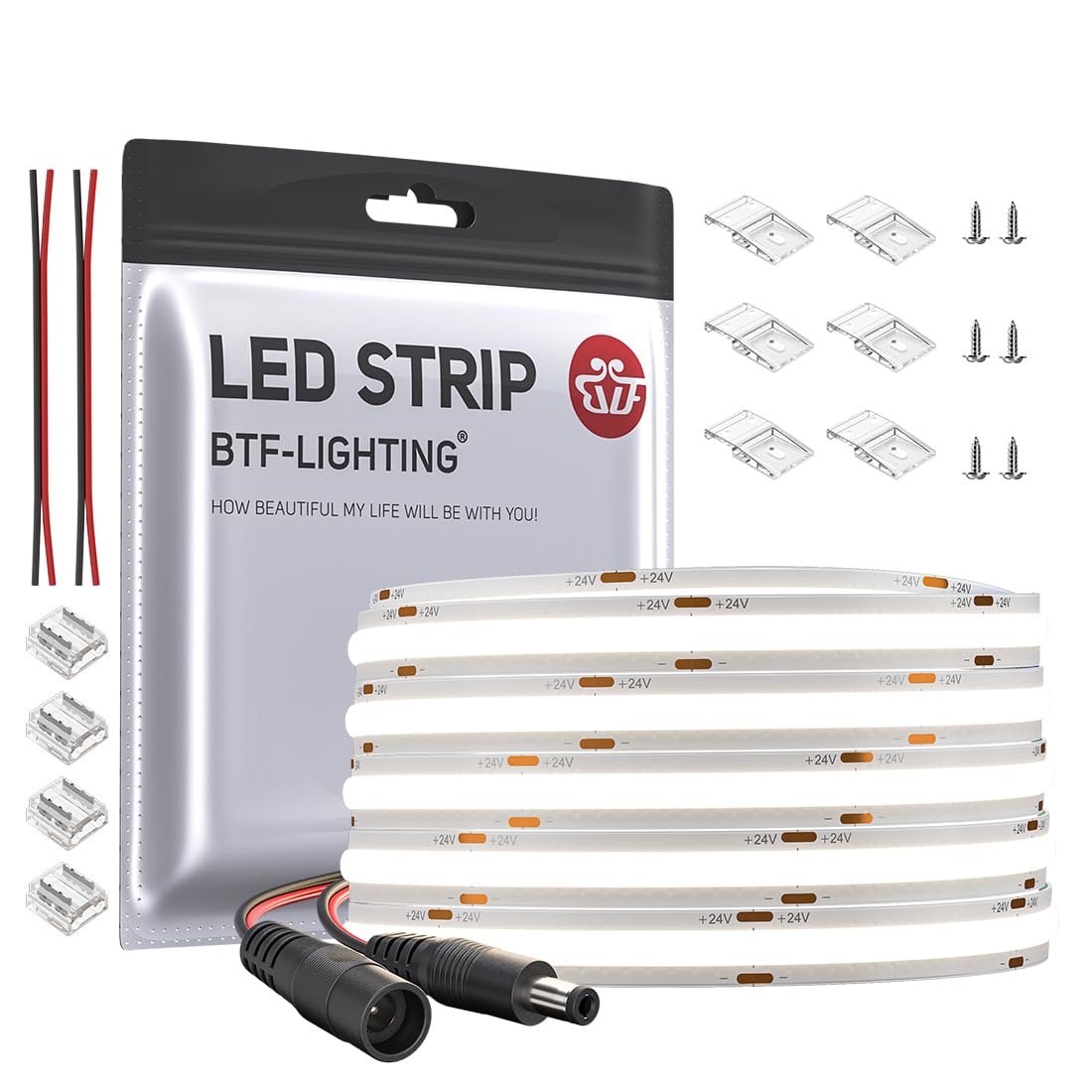 BTF-LIGHTING COB LED Strip Light 10M 528LEDs/m FCOB Dimmable Light Uniformity Flexible High Density Natural White 24V 10mm Width LED Tape for Bedroom Kitchen Home Interior Decoration(Only LED Strip)