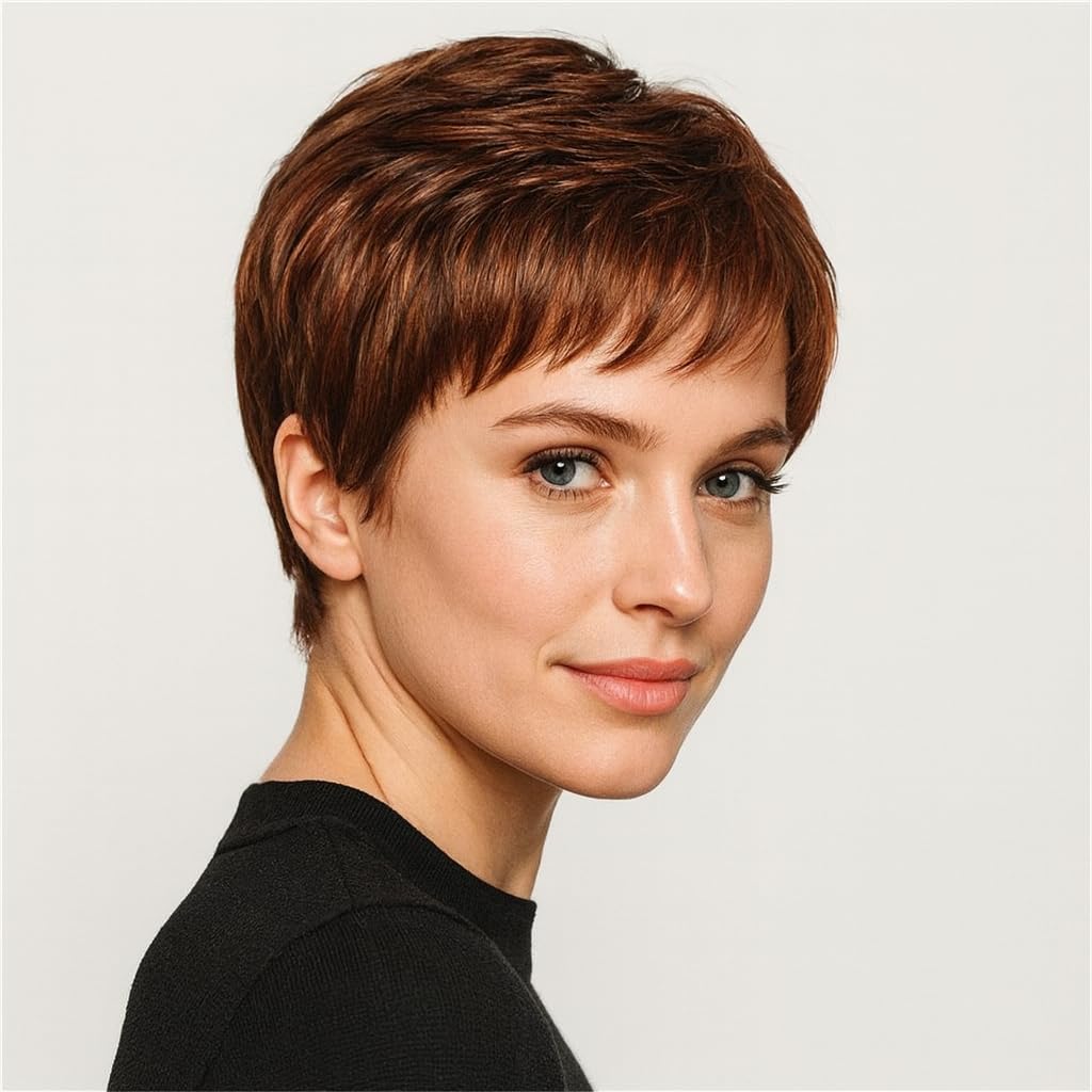 AIYLMZ Short Chestnut Pixie Cut Wigs with Bangs for Women Brown Chestnut Stylish Fluffy Layered Wigs Natural Fluffy Heat Resistant Synthetic Wigs (Chestnut)