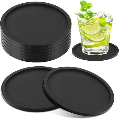 Yafe 8 Pcs Black Coasters Silicone Thick 0.5cm Round 10x10cm Bar Mats