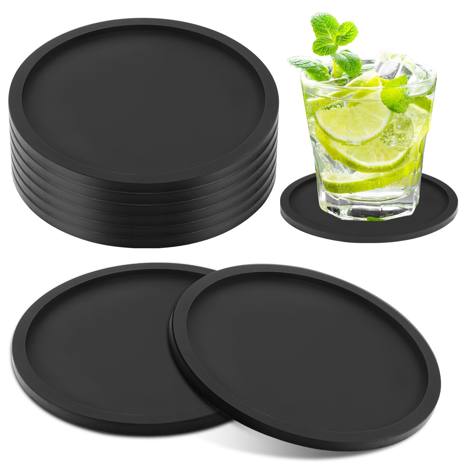 8 PCS Black Coasters, Silicone Thick Design(0.2inch) Round Mugs Coasters Set of 8 for Drinks Coffee Pads Beer Bar Mat, 10 * 10 * 0.5cm