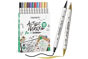 TRANSON 12 Colors Fine and Brush Dual-tip Acrylic Paint Marker Pen Set for Canvas Rock Wood Leather Ceramic DIY Painting
