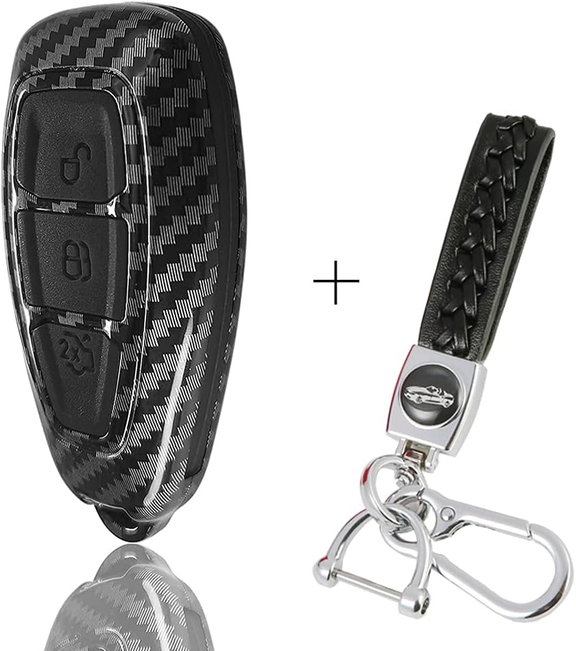 Carbon Fibre Pattern ABS Plastic Cover for Ford Smart Key Fob 3 Buttons Smart Car Key Case with Keychain
