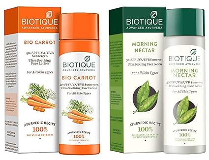Biotique Bio Carrot Face & Body Sun Lotion Spf 40 Uva/Uvb Sunscreen For All Skin Types In The Sun, 1 and Biotique Bio Morning Nectar Sunscreen Ultra Soothing Face Lotion, SPF 30+, 120ml