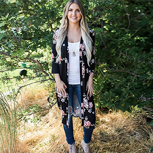 HTDBKDBK Womens Bohemia Causal Loose Flower Print Cardigan Long Kimono Oversized Shawl Deep-V Blouse Beachwear Black