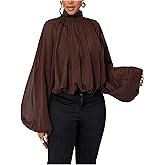 Floerns Women's Plus Size Lantern Sleeve Blouse Tops See Through Mock Neck Fall Outfit Shirts
