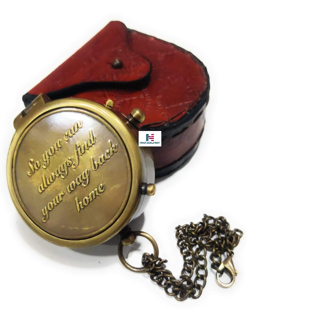 Nautical-Mart Brass Pocket Compass with Leather Case, Wedding Gift, Company Gift - Vintage Working Compass