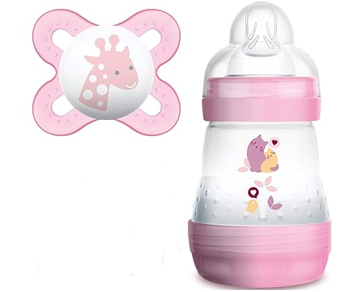 MAM Anti Colic Flasche 160 ml plus MAM Schnuller Start 0-2 Monate für Mädchen