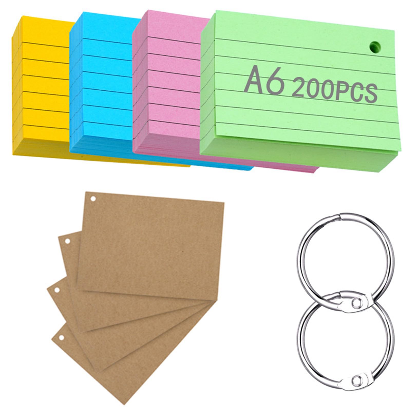 moinkerin Index Cards 200 Pieces 5.83 * 4.13 Inch Multicolor Flash Cards Record Cards with 3 Binder Rings 4 Kraft Paper Flashcards for Office Home School Learning