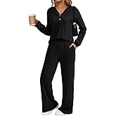 Dokotoo 2 Piece Lounge Sets for Women Ribbed Knit Button V Neck Long Sleeve Tops Matching Pants Pajamas Set 2025 Fall Outfits