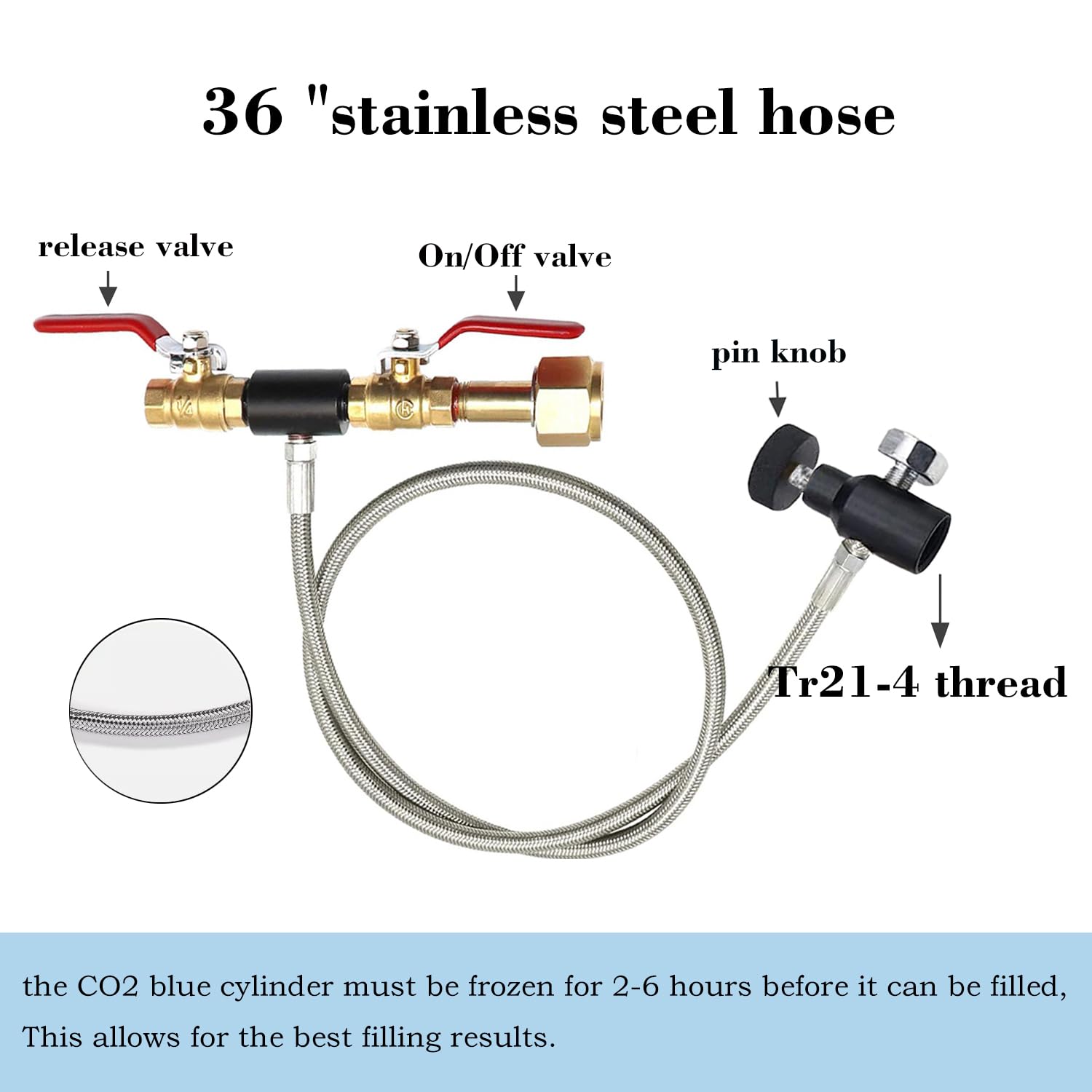 CGA320 Soda Machine blue Co2 Bottle Cylinder Refill Adapter Hose,For Refill blue Co2 Tank Bottle(CGA320 to TR21-4, Dual Valve With Gauge) (36In)