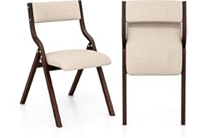 Giantex Folding Dining Chairs Set of 2, No Assembly Folding Chairs w/Linen Padded Seats, Wood Foldable Kitchen Chairs, Easy t