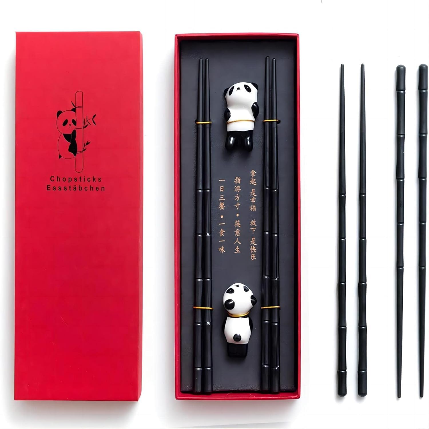 HauSun 2 Pairs Chopsticks and Chopstick Rest Gift Set- Dishwasher Safe Reusable Fiber Glass Chopsticks + Porcelain Cute Panda Chopstick Holder, Non-Slip Chinese Japanese Style Chopstick Set, Black