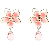 Cherry Blossoms Stud Earring for Women, Cute Cherry Pink Flower Earrings Rose Gold Plated Birth Month Flower Drop Dangling Jewelry for Women