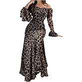GORGLITTER Women's Off The Shoulder Bodycon Maxi Dress Cheetah Leopard Long Sleeve Party Cocktail Birthday Dresses