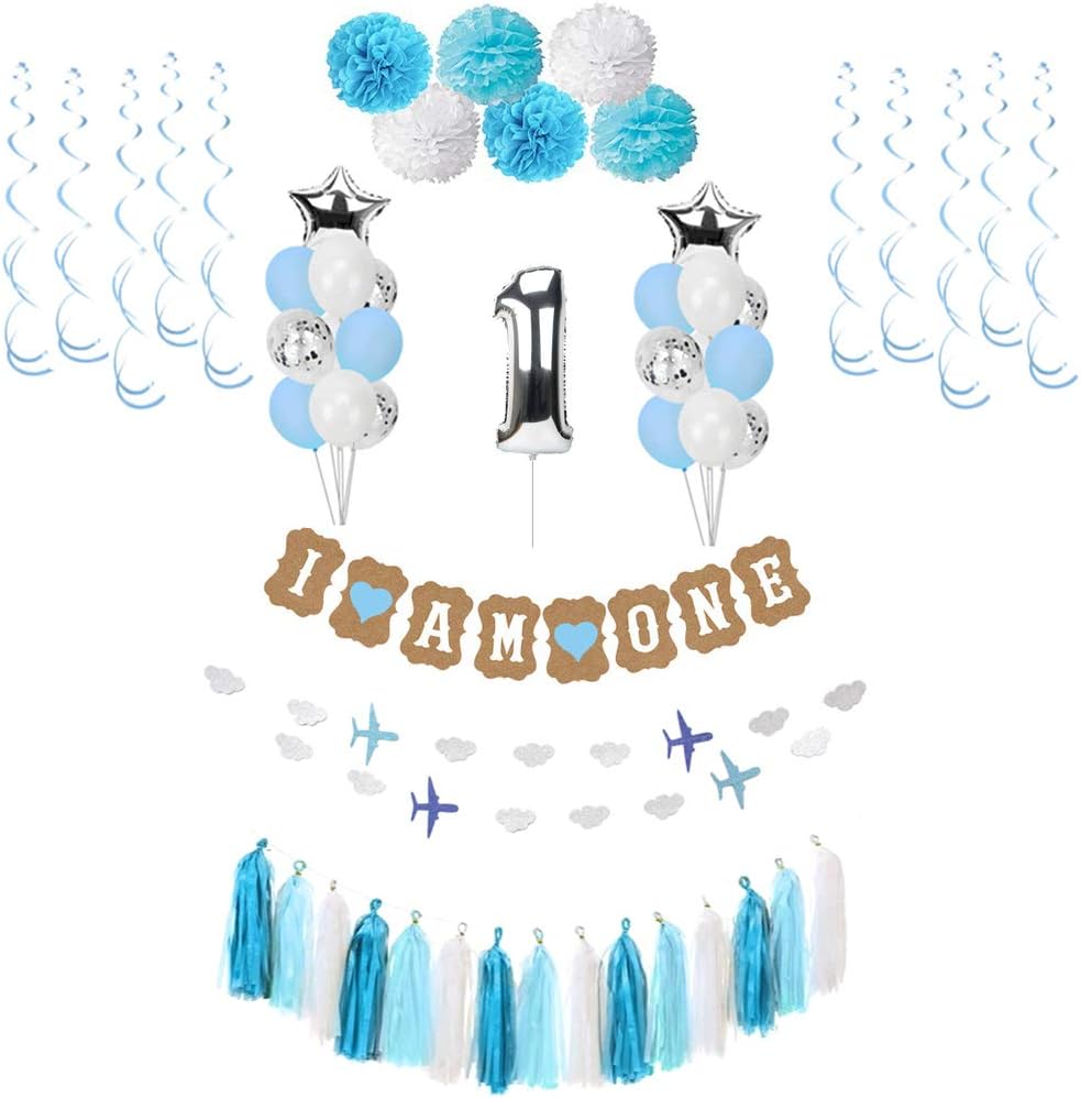 Baby Boy 1st Birthday Decorations,Number One Balloon,Royal Blue and White Confetti Balloons,Hanging Swirls,Tassel Garland,I Am One and Airplane Pattern Banner.