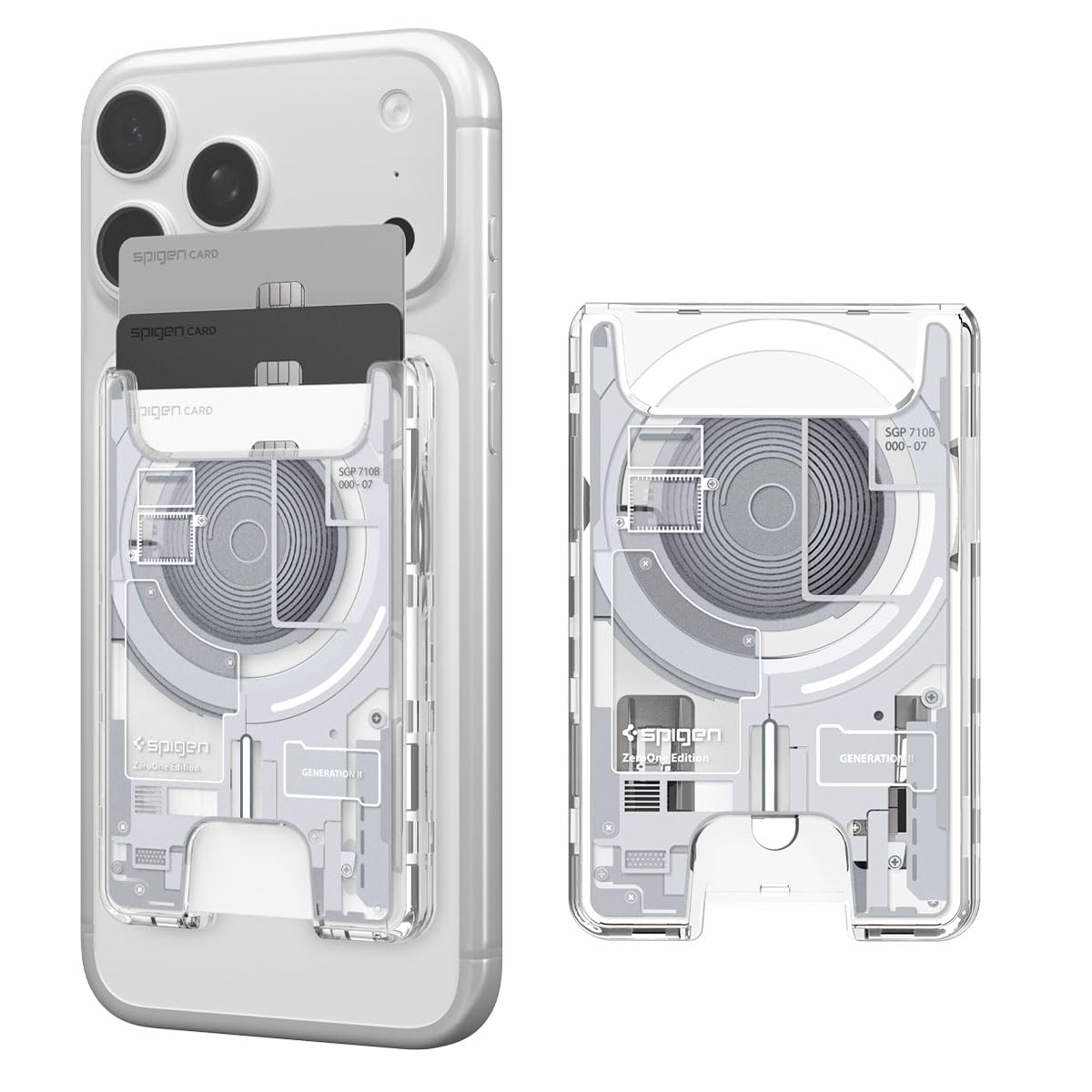 Spigen for MagSafe Wallet, Holds 3 Cards, Compatible with iPhone 17/16/15/14/13/12, Pixel 10 Series, MagSafe-Case, and Pixelsnap, Transparent Card Holder - Zero One White Ver 2