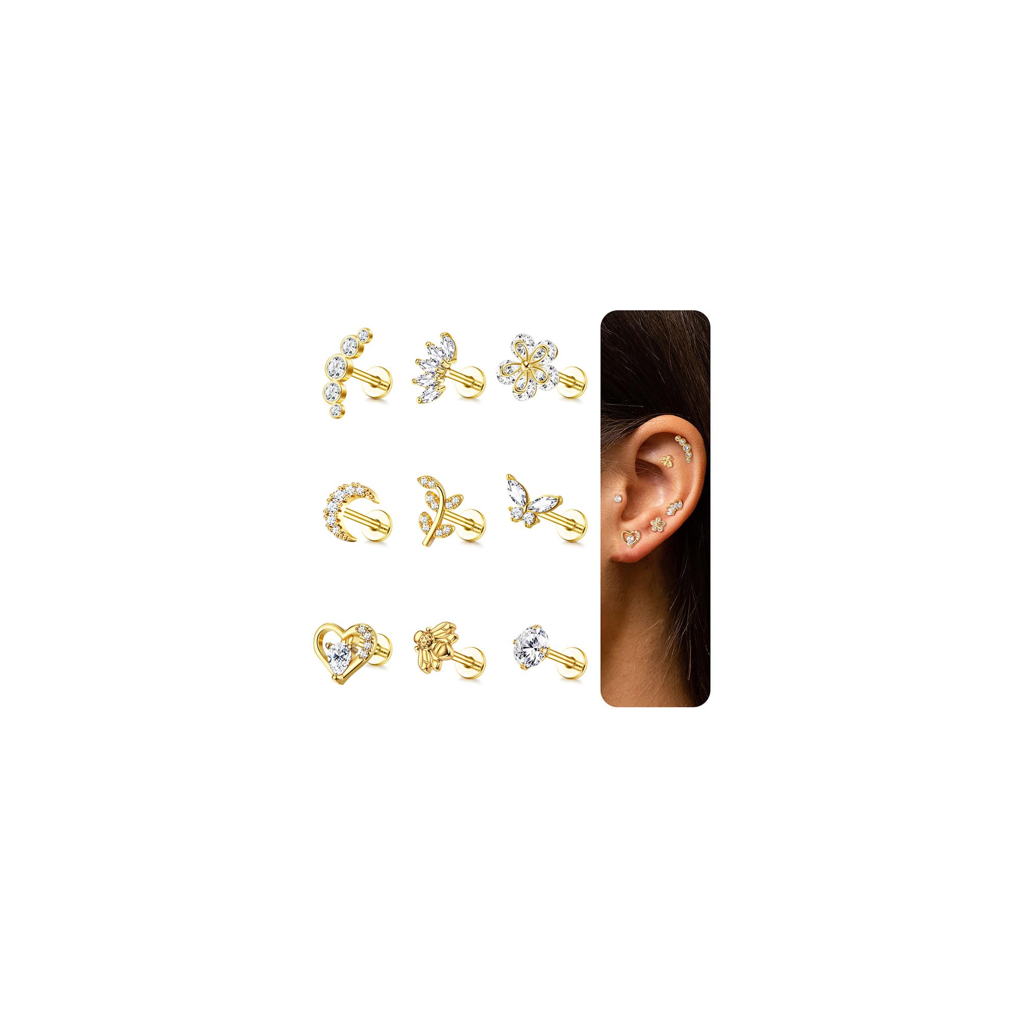 ADRAMATA 9pcs 16G Cartilage Earrings Set - Tragus, Helix, Conch, Labret, Cubic Zirconia - Butterfly, Moon - Gold, Silver - Piercing for Women