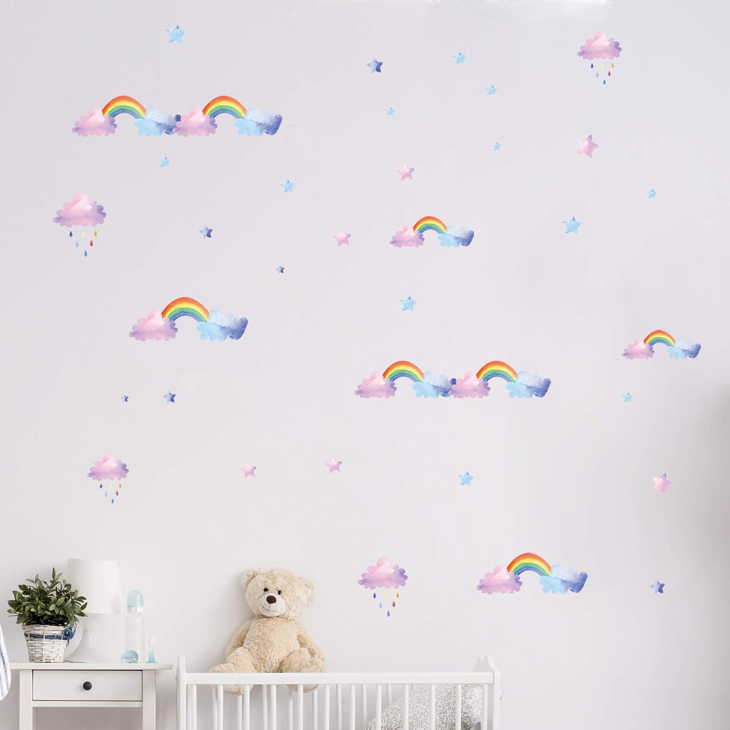 Rainbow Wall Decals for Girls Room Nursery Wall Art Stickers Watercolor Colorful Cute Clouds Peel and Stick Decor Gift