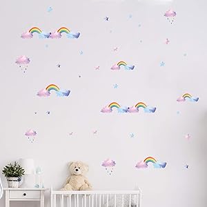 Rainbow Wall Decals for Girls Room Nursery Wall Art Stickers Watercolor Colorful Cute Clouds Peel and Stick Decor Gift