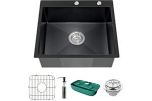KOARDINK Black Kitchen Sink, Stainless Steel Topmount 25x22x9 Inch Single Bowl Drop In Kitchen Sink Combo- Stainless Grid,Soap Dispenser,Faucet Mat,Drain Strainer Set for Modern Style Kitchen&Bar