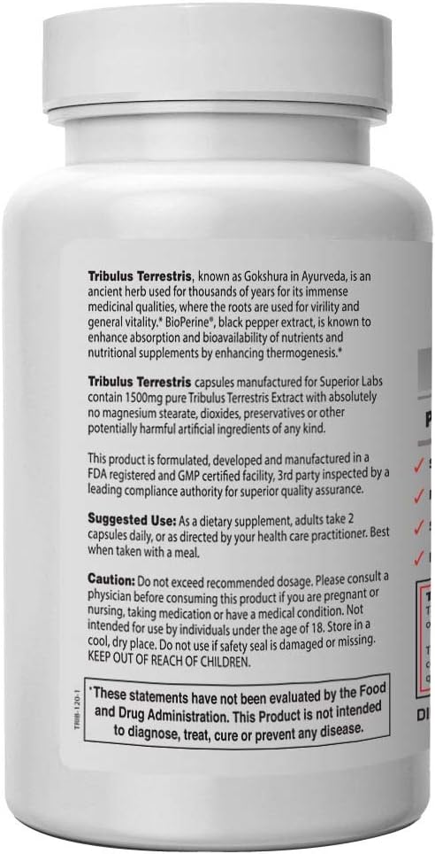Superior Labs - Tribulus Terrestris - Testosterone Booster Cortisol Blocker with 45% Steroidal Saponins, 1500mg Dosage, 180 Vegetable Caps - Supports Vitality and Performance - with Added BioPerine®: Health & Personal Care