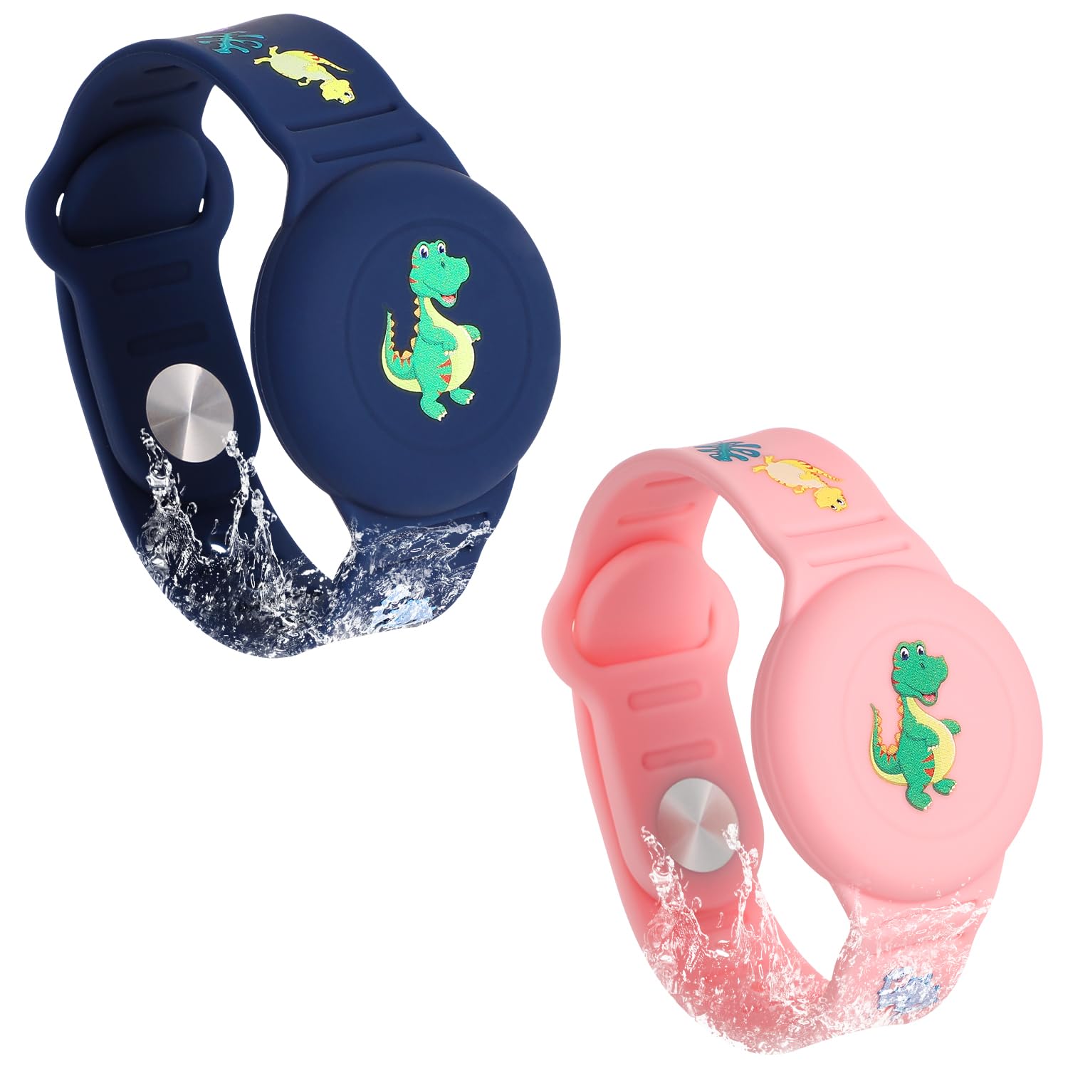 2pcs Kids Wristband Waterproof for AirTag, Dinosaur Cartoon Pattern Bracelet for Toddler Elder Adjustable Watch Band Anti Lost for AirTag Case Holder for Hiding GPS Tracker (Blue, Pink)