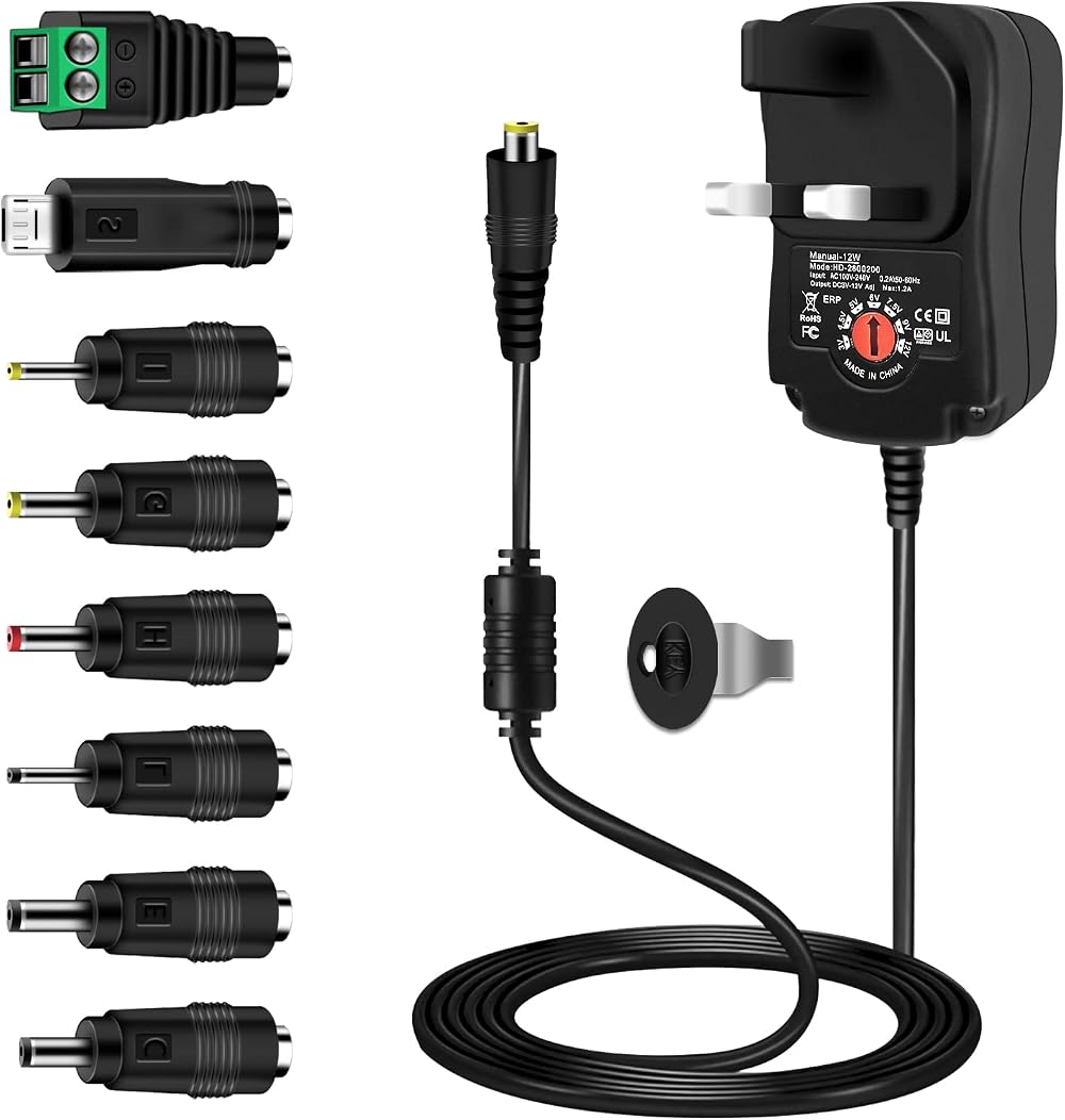 Etopgo Universal Power Adapter 12W 3-12V 1A with 8 Tips, DC Plug 5.5x2.1mm