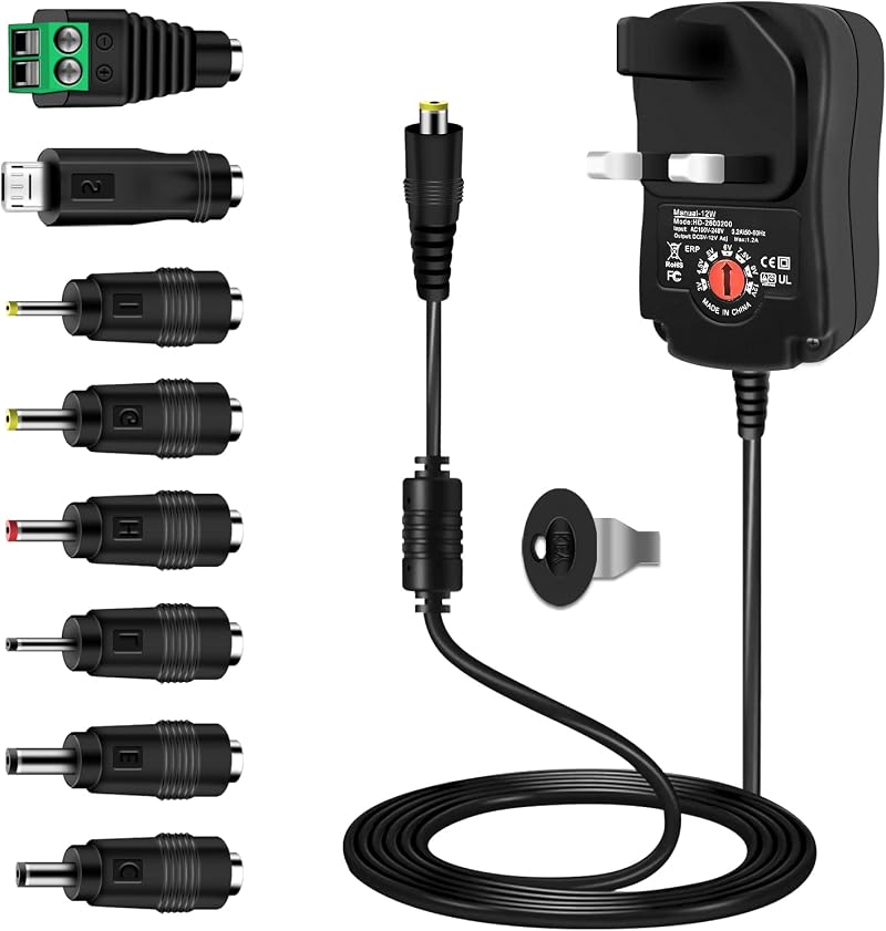 Etopgo Universal Power Adapter 12W 3-12V 1A with 8 Tips, DC Plug 5.5x2.1mm