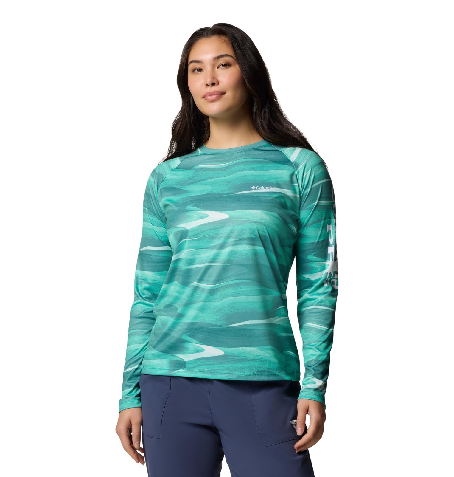 Columbia Women's Super Tidal Tee Long Sleeve, Glaze Green Obsidian, 2X Image Columbia Women's Super Tidal Tee Long Sleeve, Glaze Green Obsidian, 2X Image
