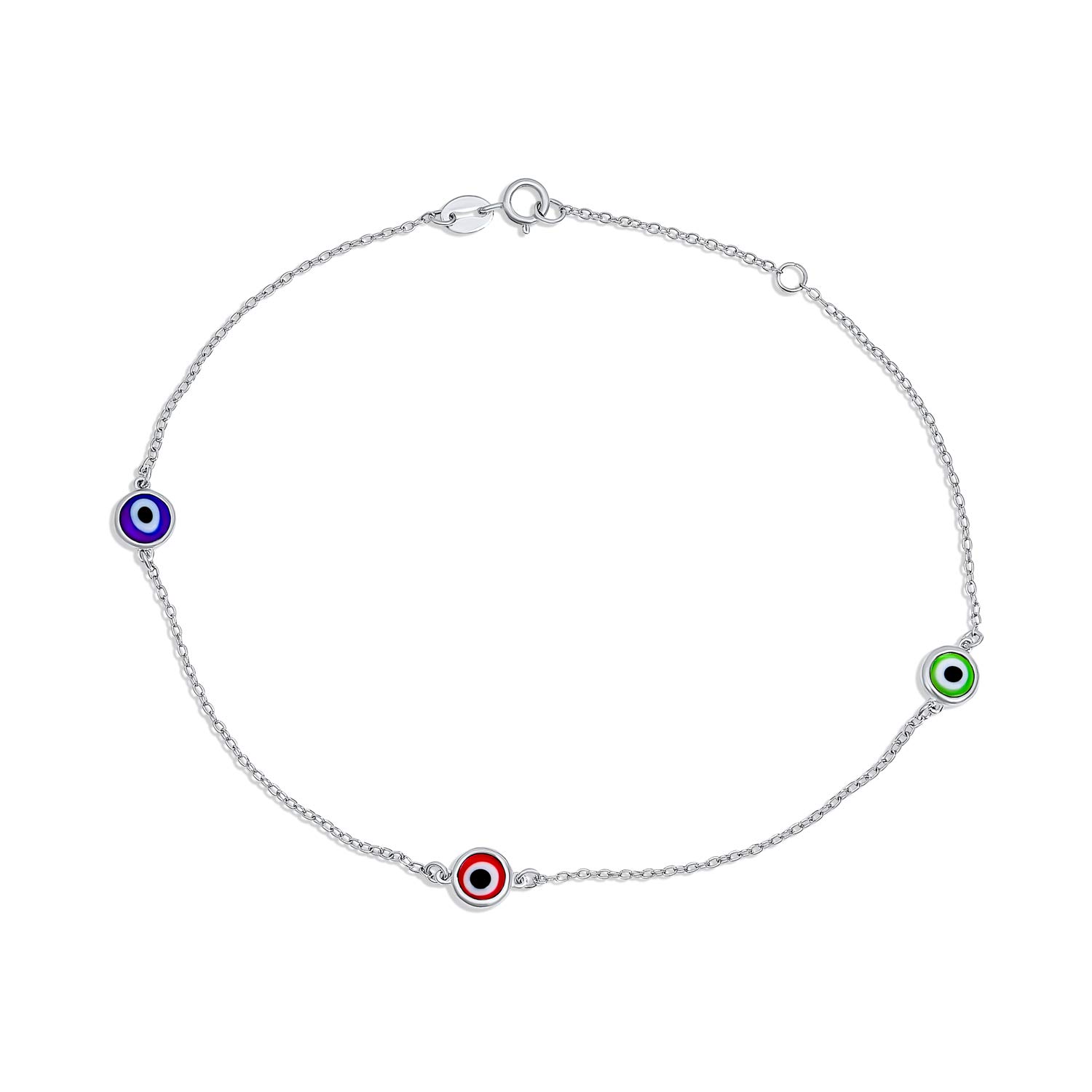 Bling Jewelry Amulet Proctective Minimalist Delicate Colorful Evil Eye Anklet Bracelet For Women, Teen.925 Sterling Silver Chain, Adjustable 9-10 Inch
