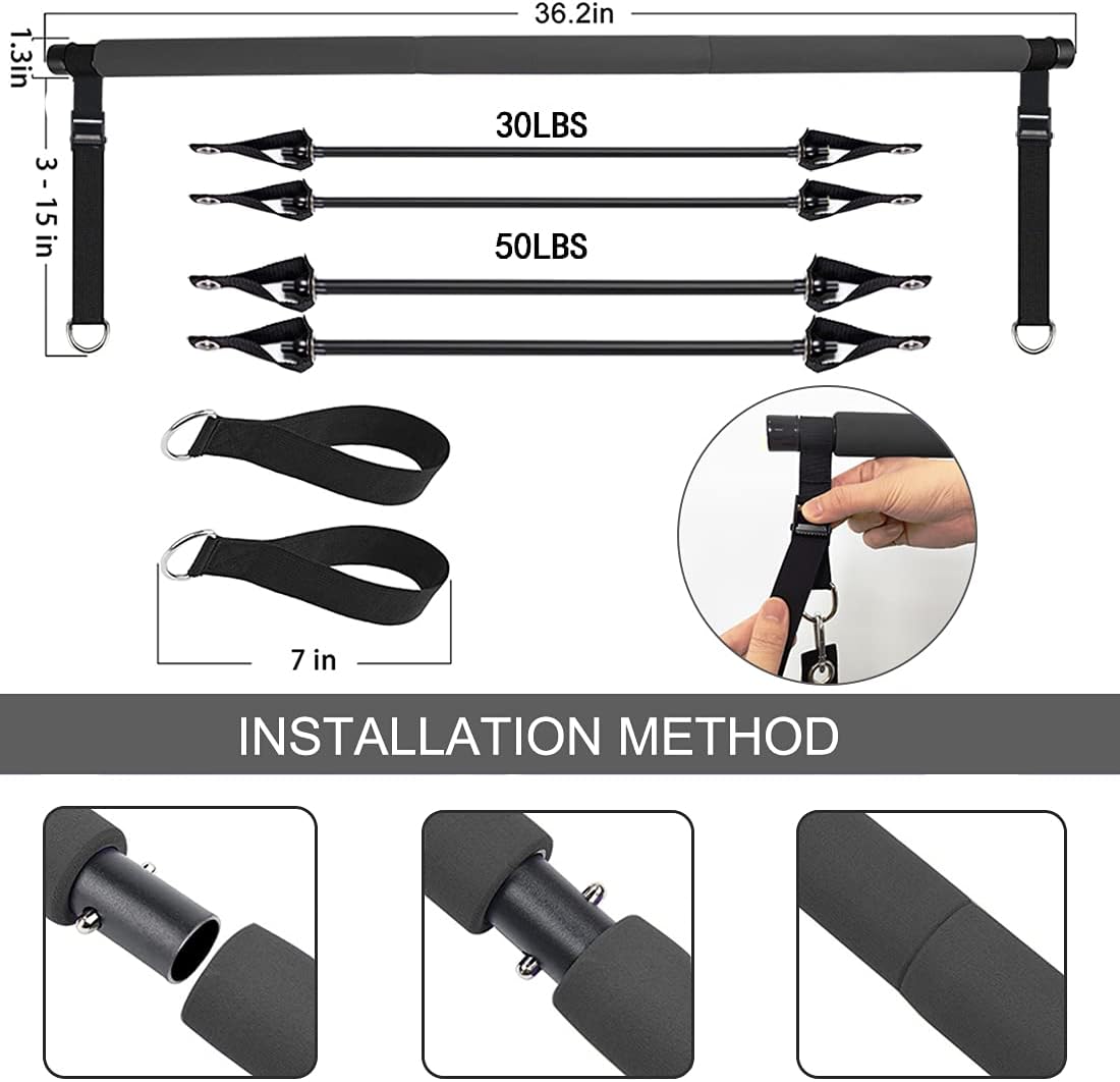 Limthe Pilates Bar Kit with Resistance Bands(30&50lbs), Adjustable for Different Height, Compact&Protable 3-Section Exercise Sticks, Stretching Exercise Bar for Home Workout-Yoga, Muscle Toning(Black) : Sports & Outdoors