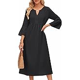 MEROKEETY Women's 3/4 Sleeve V Neck Midi Dress Flowy Swing Loose Ruffle Casual Vacation Dress