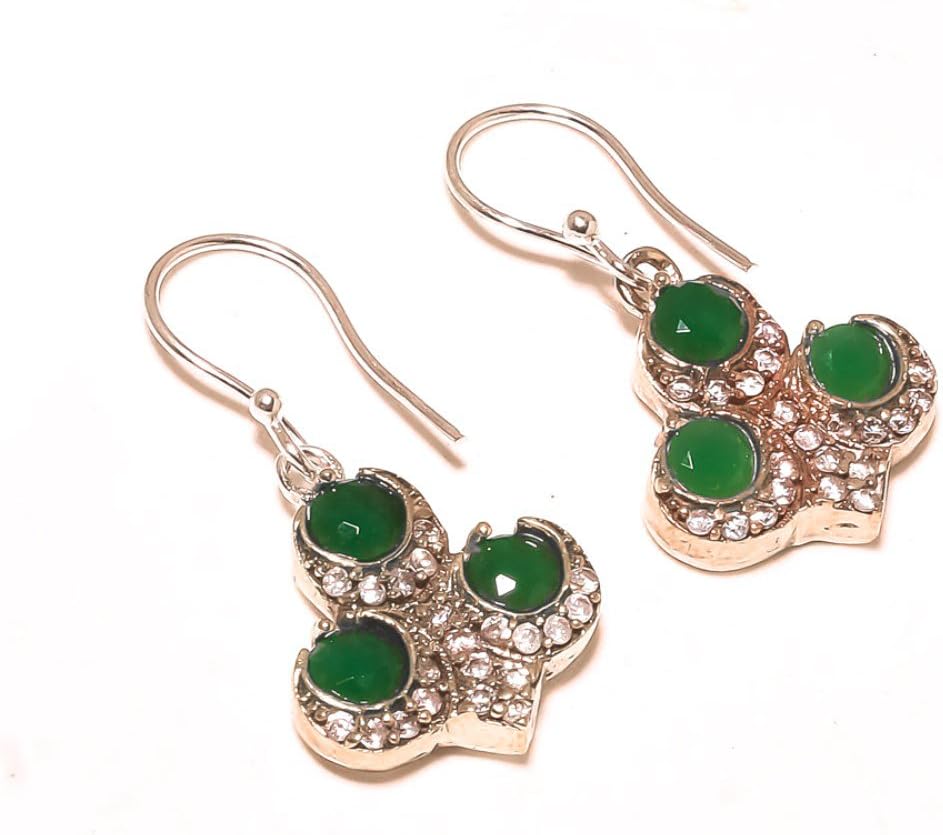 Turkish Style! Unique Design! Handmade Art Jewelry! Green Dyed Emerald Sterling Silver Plated And Brass 8 grams Earring 1.25" Long