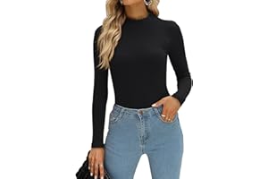 PINKMSTYLE Womens Long Sleeve Ruffle Mock Neck Bodysuit Jumpsuit Ribbed Slim Fit Tops Business Casual Outfits
