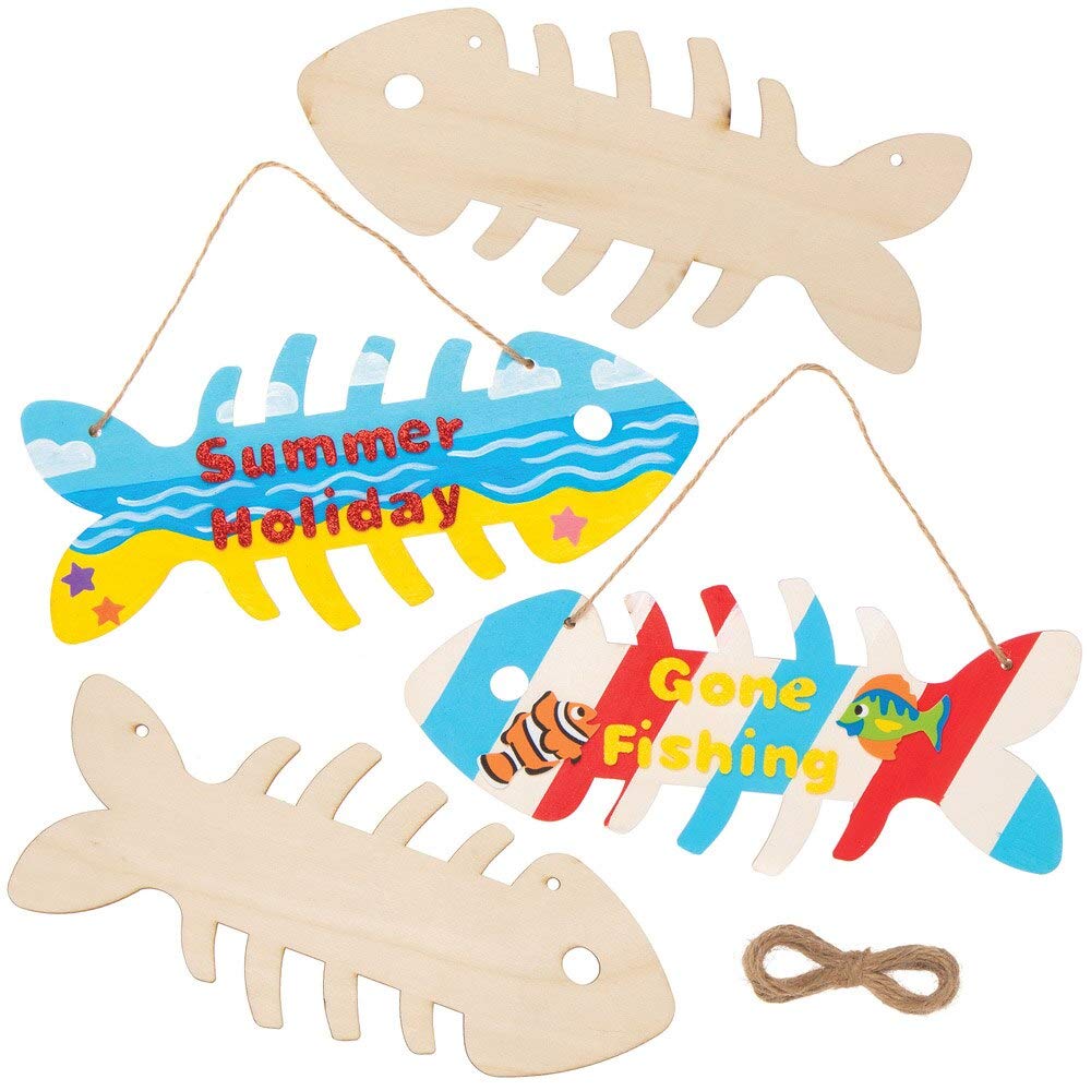 Baker Ross AT923 Wooden Fish Hanging Plaques, for Kids Arts and Crafts Projects (Pack of 4), Assorted