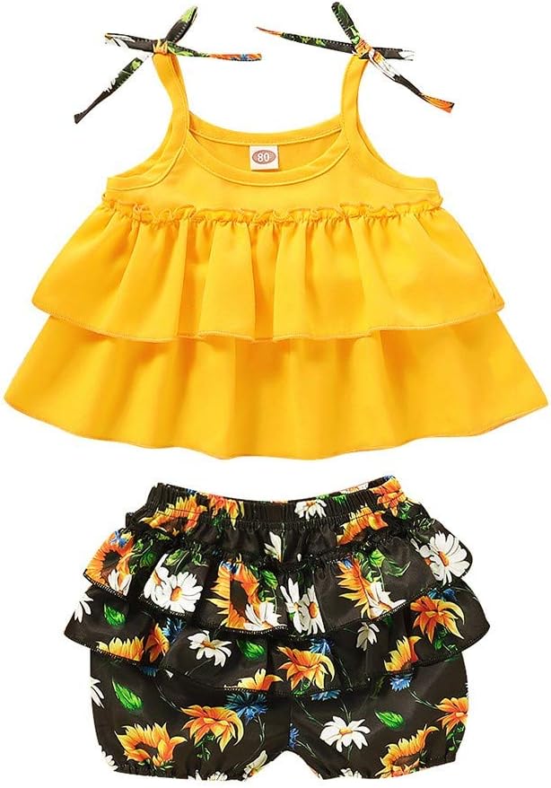 Summer Casual Outfit Sets for Baby Girls Toddler Kids Cute Sleeveless Ruffle Straps Crop Tops+Sunflower Print Shorts Clothes
