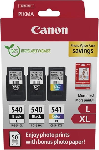 Canon PG-540L XL Twin Black CL-541XL Colour Ink Cartridges + 50pc Photo Paper