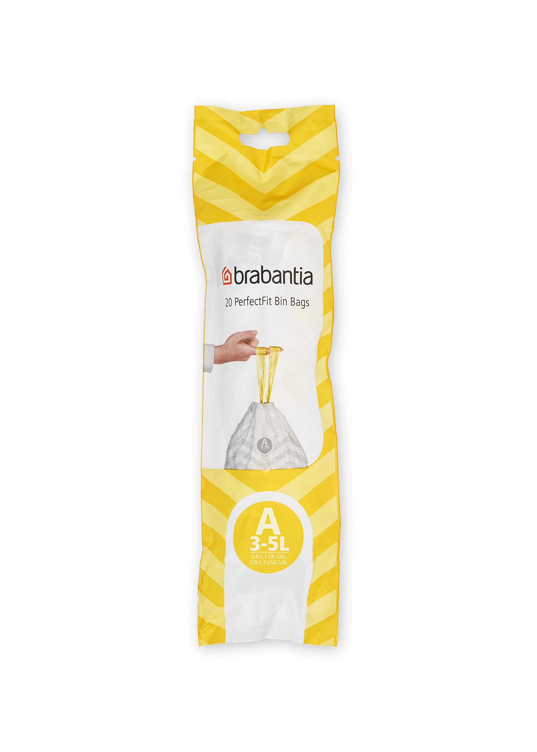 Brabantia IdealFit Bin Liners (Size A/3 Litre) Ideal Quality Thick Plastic Trash Bags with Tie Tape Drawstring Handles (20 Bags), White