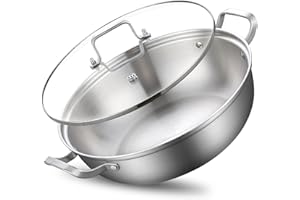 Yeksum Tri-Ply Stainless Steel 7QT Hot Pot With Lid,Large Saute Pan 14 Inch,Deep Frying Pan, kadai for cooking,Induction Shab