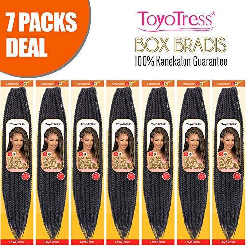 ToyoTress 7Packs/Lot 18Inch Box Braids Crochet Hair 100% Kanekalon Crochet Box Braids Hair Synthetic Hair Braiding Hair Extensions For Black Women(18 Inch,#1B)