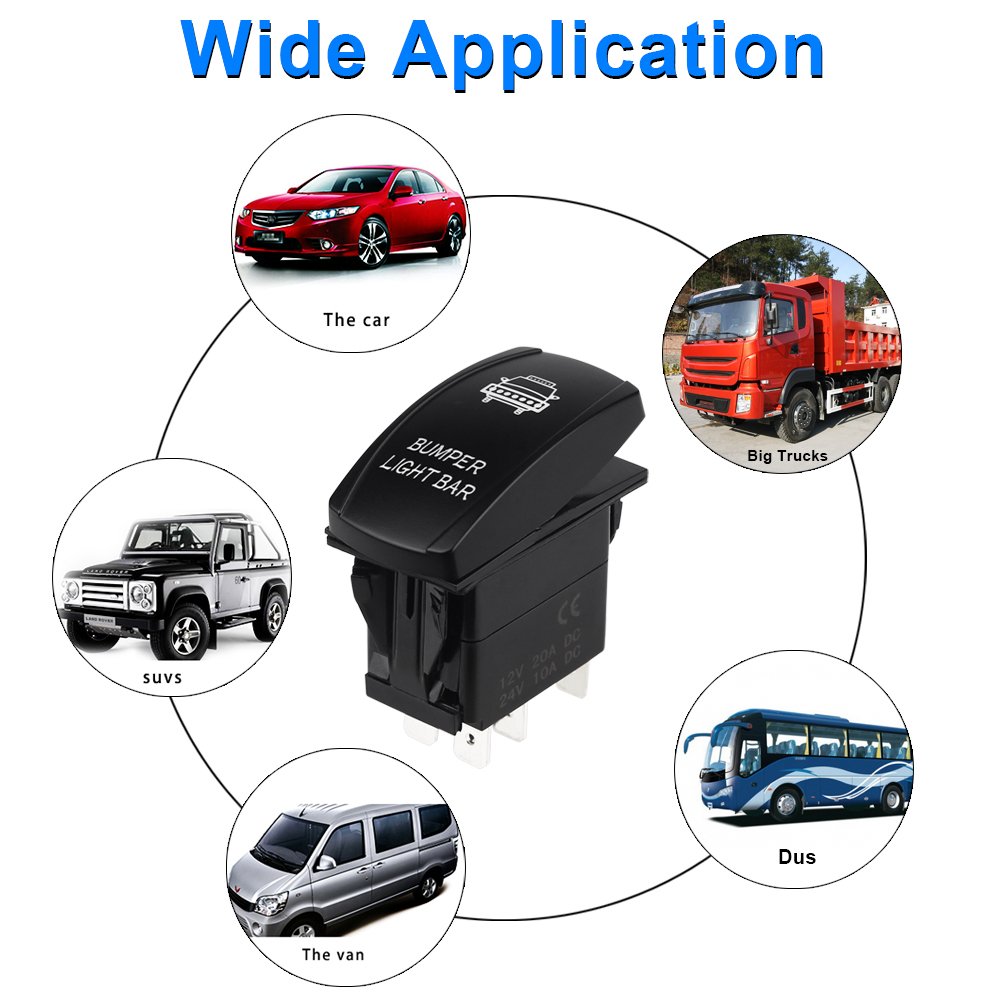 WATERWICH Bumper Light Bar Illuminated Rocker Toggle Switch Waterproof with Jumper Wires Set ON-Off DC 20A 12V/10A 24V 5pin/SPST Toggle Rocker Switch for Auto Truck Boat Marine RV (Green)
