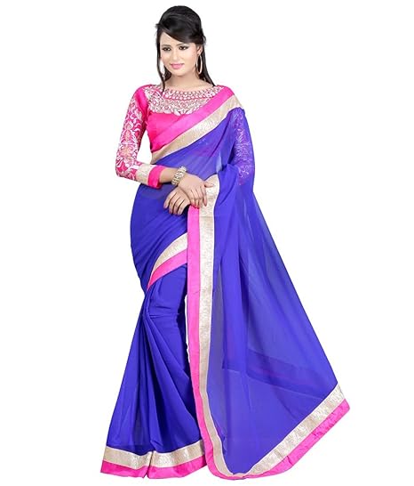 Winza Designer Womens Chiffon Saree with Blouse (NECBLO-BLUE_Blue)